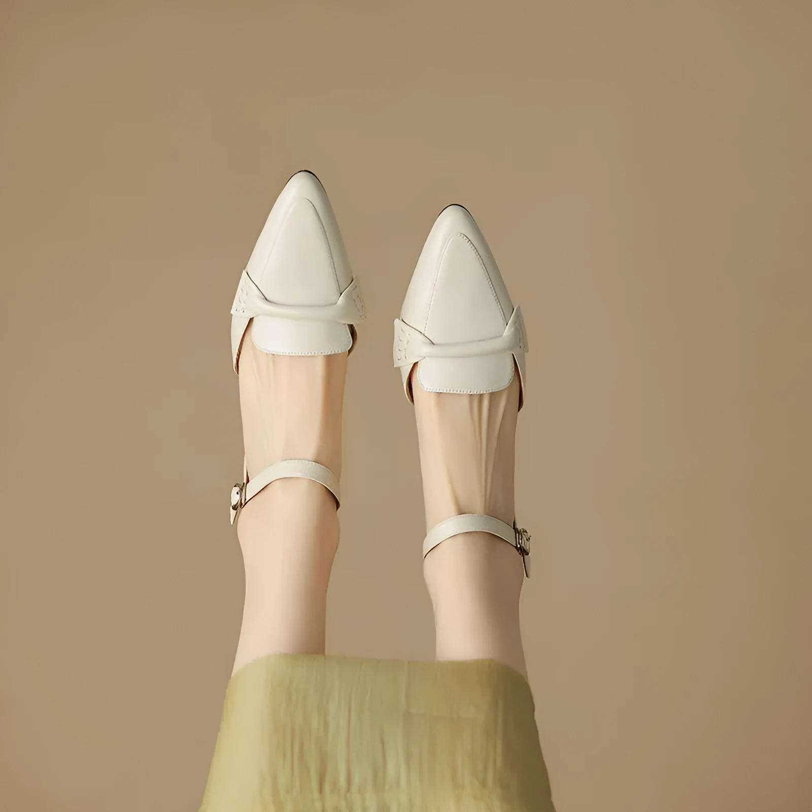 Women's pointed toe chunky heel sandals in apricot sheepskin with closed toe and TPR sole