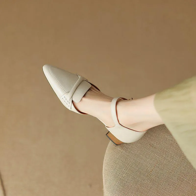 Women's pointed toe chunky heel sandals in apricot sheepskin with closed toe and TPR sole