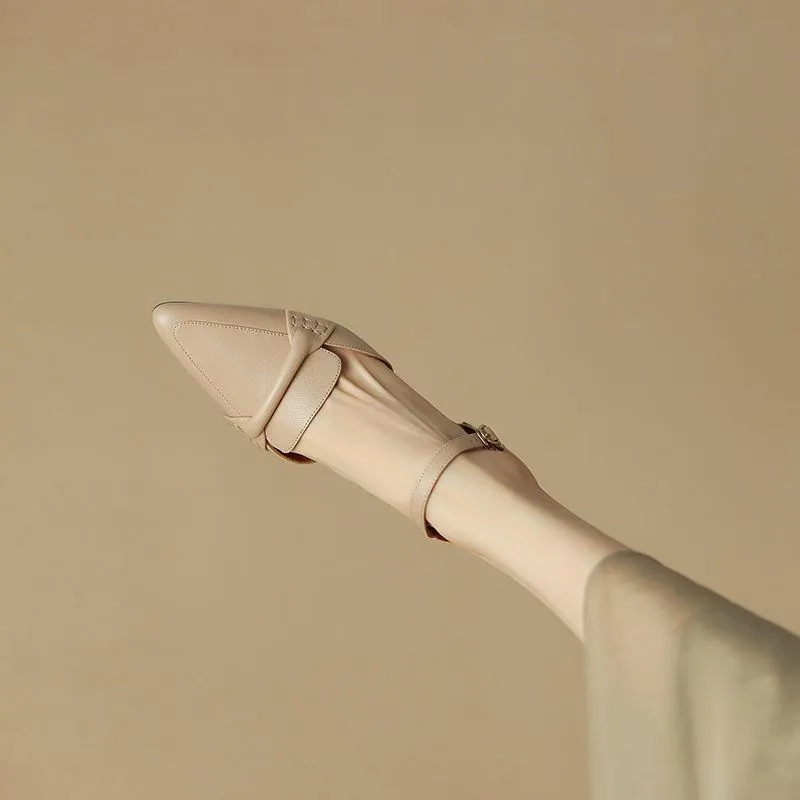 Women's pointed toe chunky heel sandals in apricot sheepskin with closed toe and TPR sole