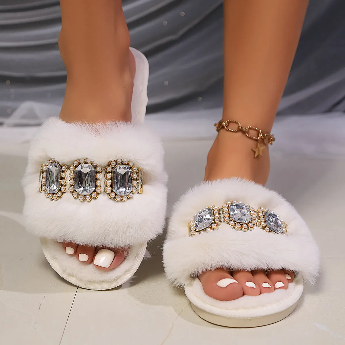 Women's fluffy plush slippers with pearl rhinestone chain, round toe, rubber sole, milky white