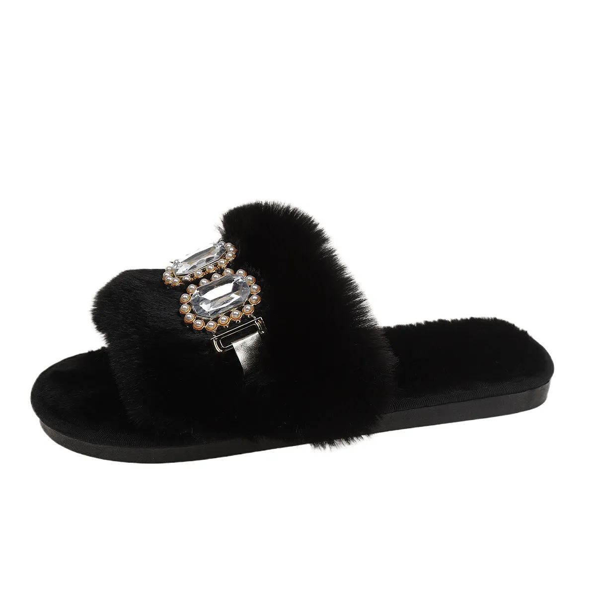 Women's fluffy plush slippers with pearl rhinestone chain, round toe, rubber sole, milky white