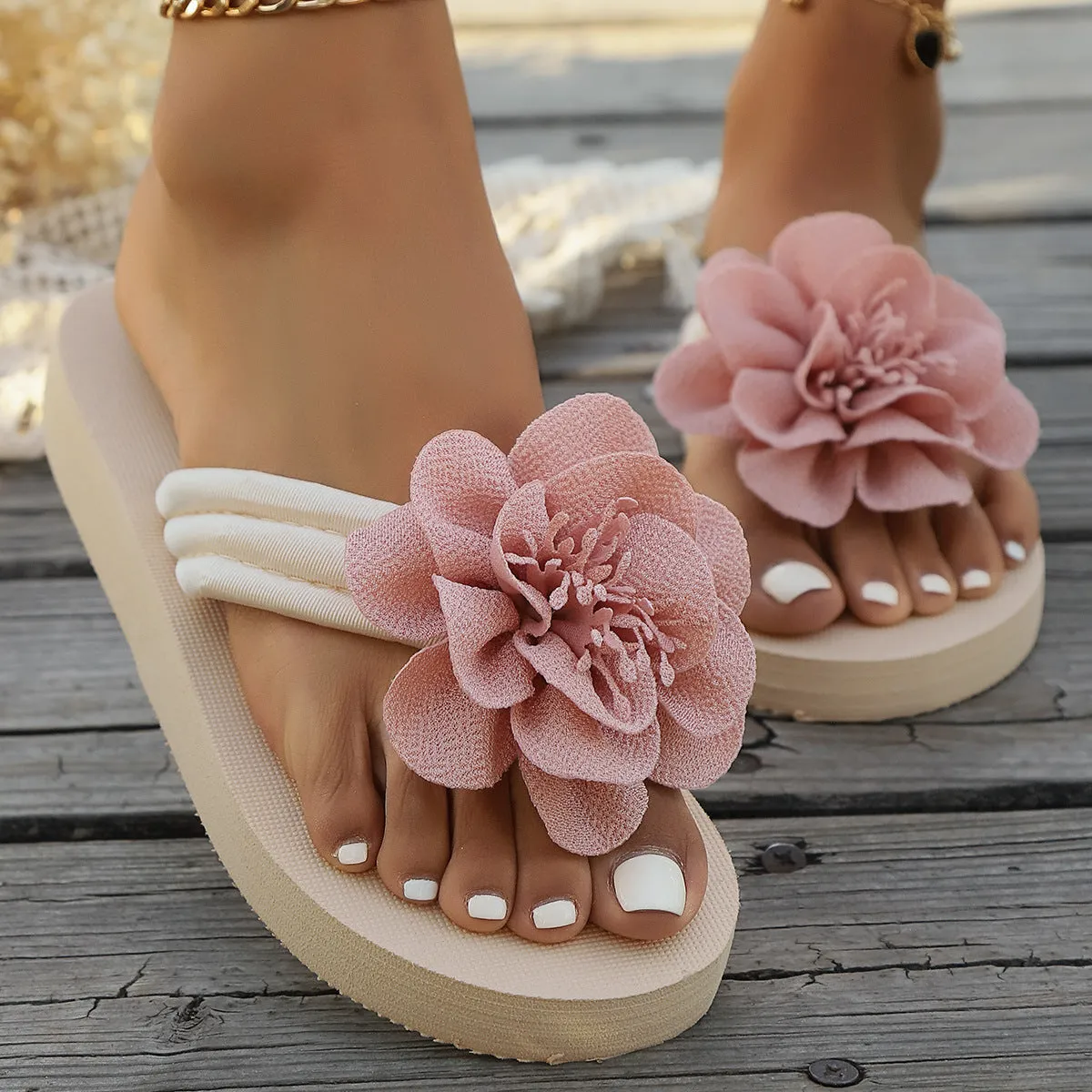 Women's solid colour PU upper flower flat toe flip-flop sandal in beige white, side view