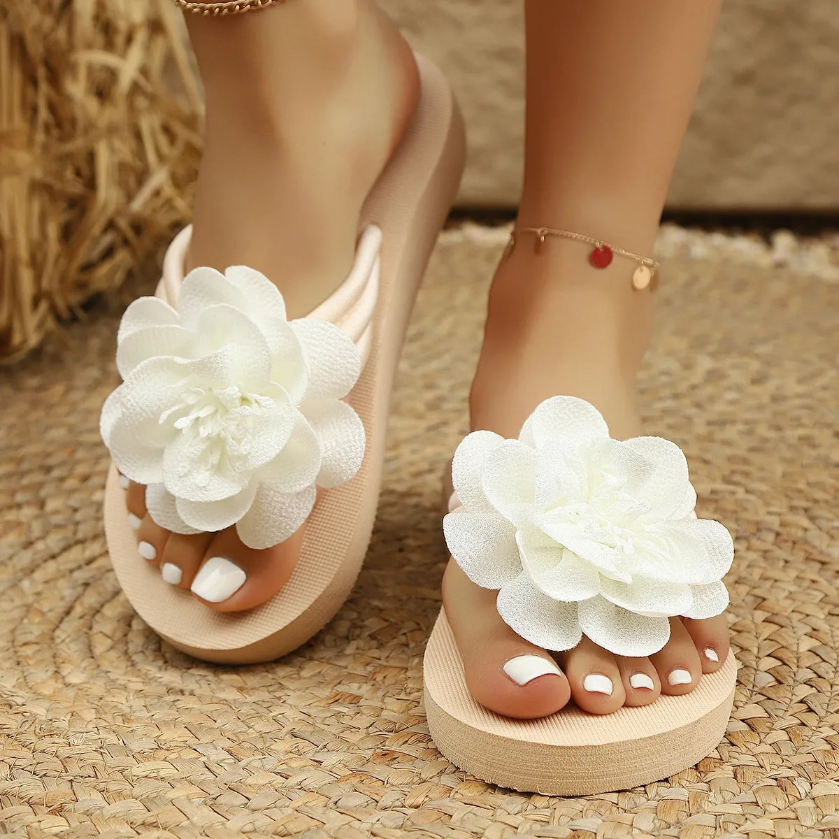 Women's solid colour PU upper flower flat toe flip-flop sandal in beige white, side view