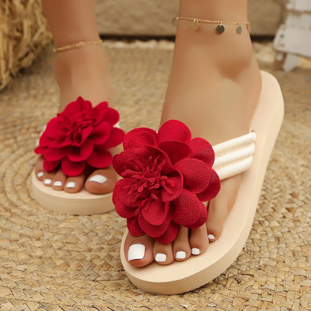 Women's solid colour PU upper flower flat toe flip-flop sandal in beige white, side view