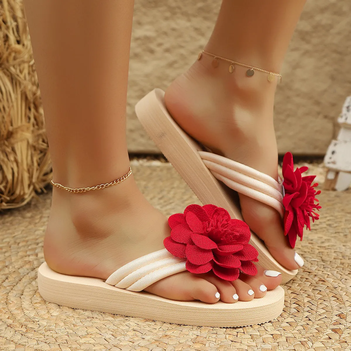 Women's solid colour PU upper flower flat toe flip-flop sandal in beige white, side view