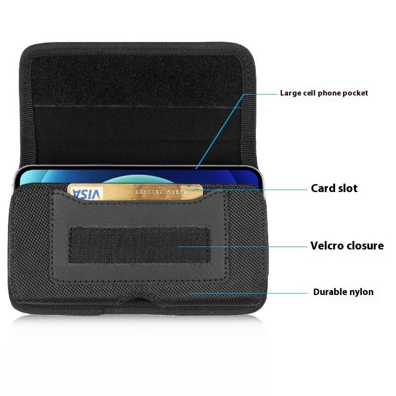 Men's multi-function nylon cloth belt slot waist bag for vertical and horizontal phones, breathable PU lining, solid colour
