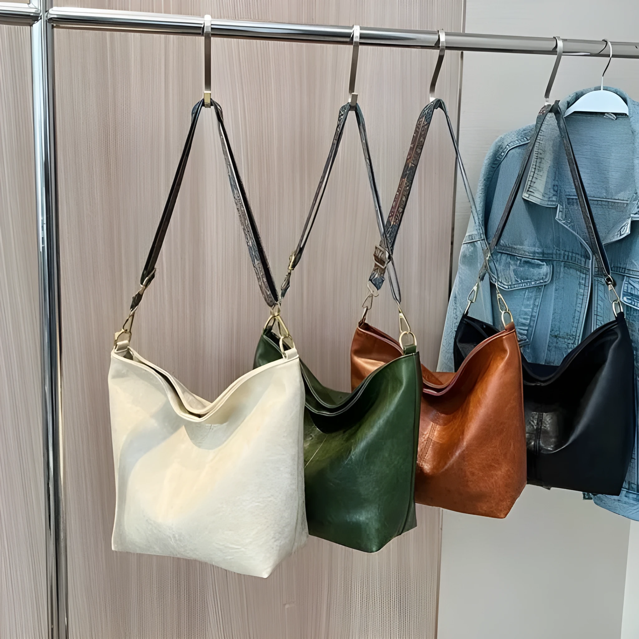 Large capacity women's crossbody bucket bag in PU material, available in olive green colour