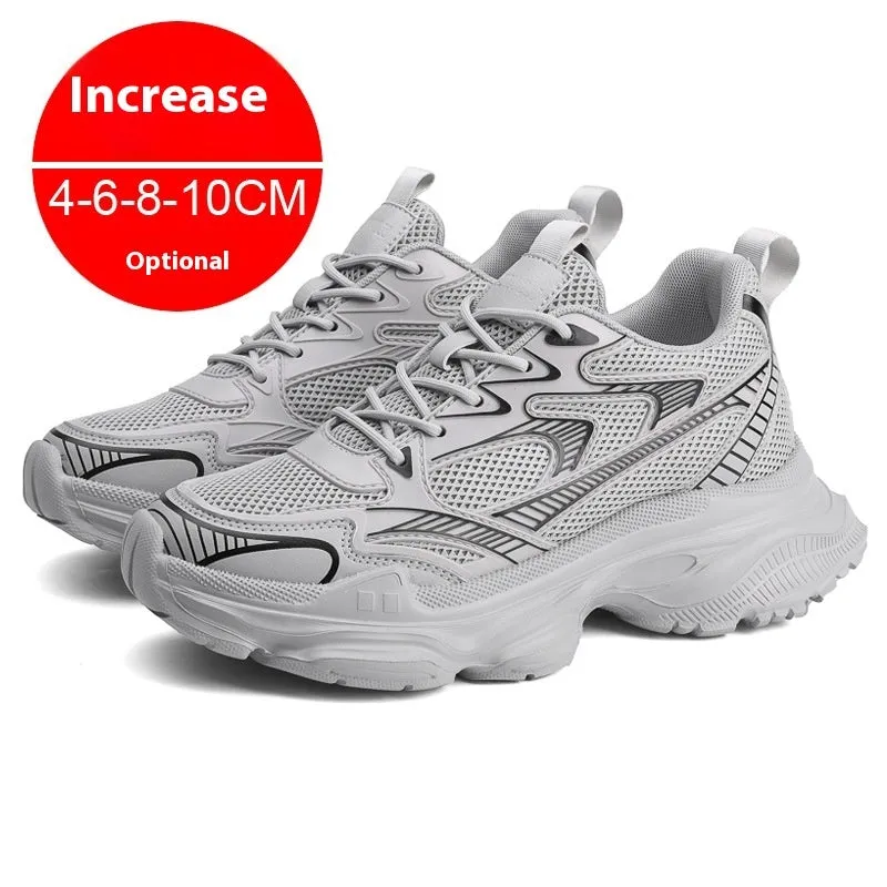 Men's casual breathable height increasing shoes with mesh upper and 10cm invisible lift, in white colour option