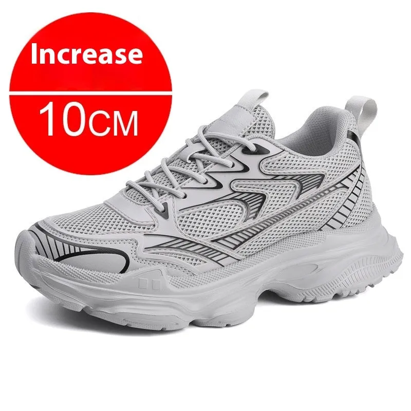 Men's casual breathable height increasing shoes with mesh upper and 10cm invisible lift, in white colour option
