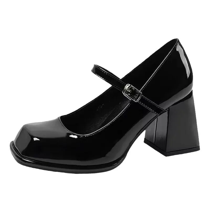 Women's retro black square toe chunky heel shoes with buckle closure and PU upper