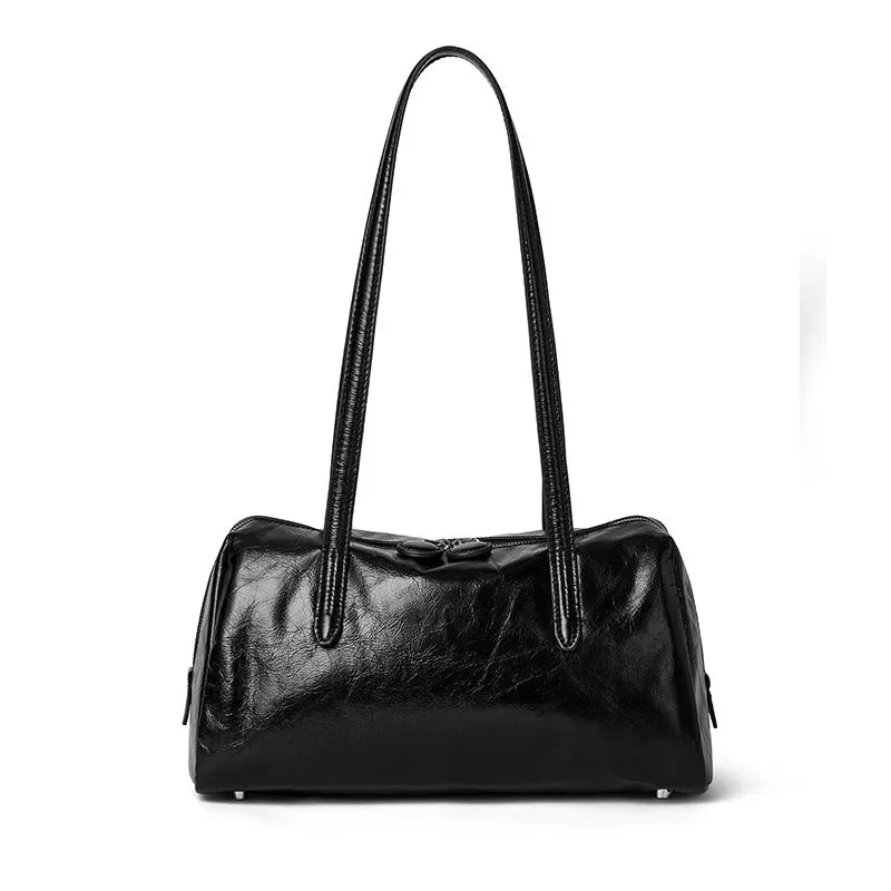 Genuine leather retro tote bag horizontal square shoulder bag 32x16x15cm cowhide open pocket mobile phone bag