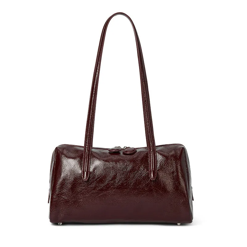 Genuine leather retro tote bag horizontal square shoulder bag 32x16x15cm cowhide open pocket mobile phone bag
