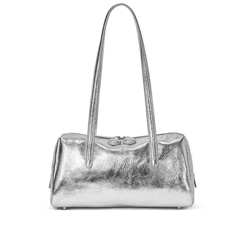 Genuine leather retro tote bag horizontal square shoulder bag 32x16x15cm cowhide open pocket mobile phone bag