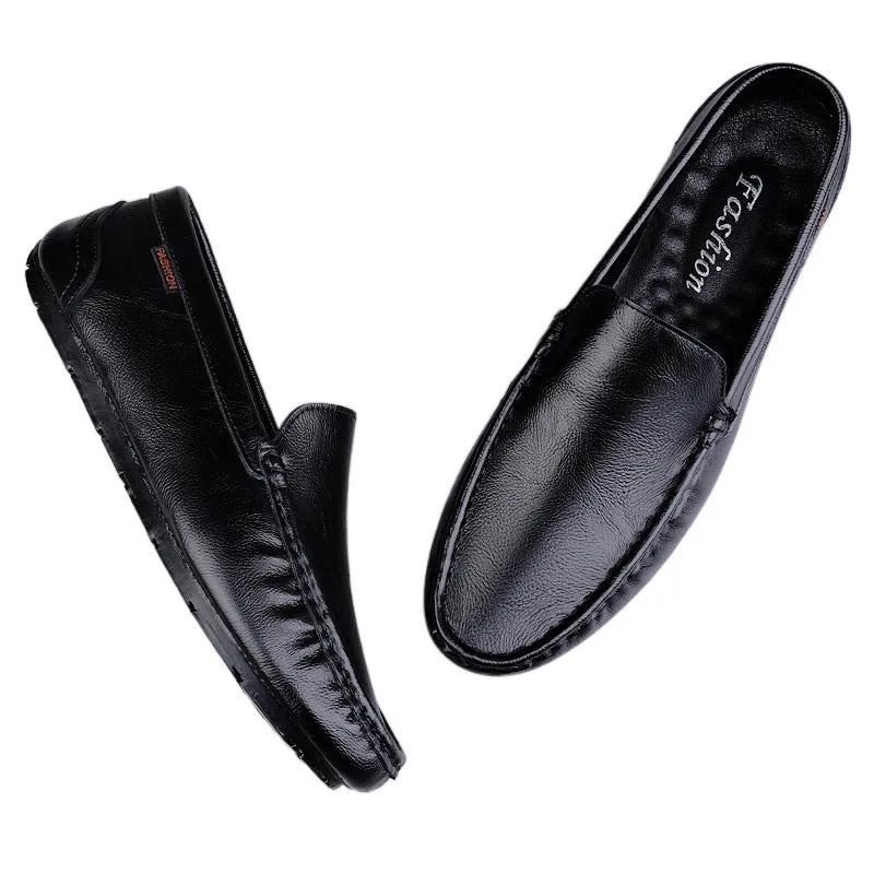 Men's casual soft leather shoes in black with visible sewing thread detail, two-layer cowhide upper, rubber sole, Korean style