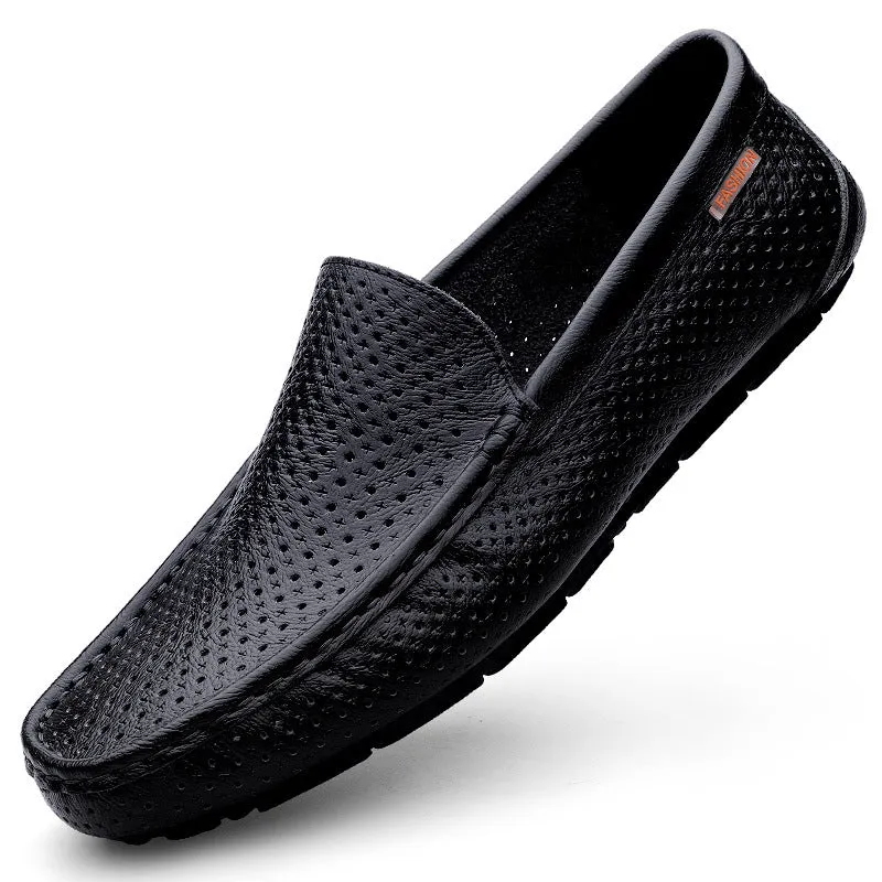 Men's casual soft leather shoes in black with visible sewing thread detail, two-layer cowhide upper, rubber sole, Korean style