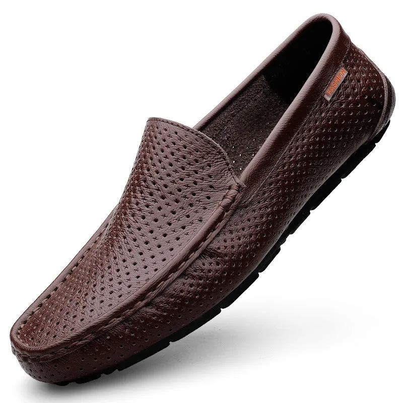 Men's casual soft leather shoes in black with visible sewing thread detail, two-layer cowhide upper, rubber sole, Korean style