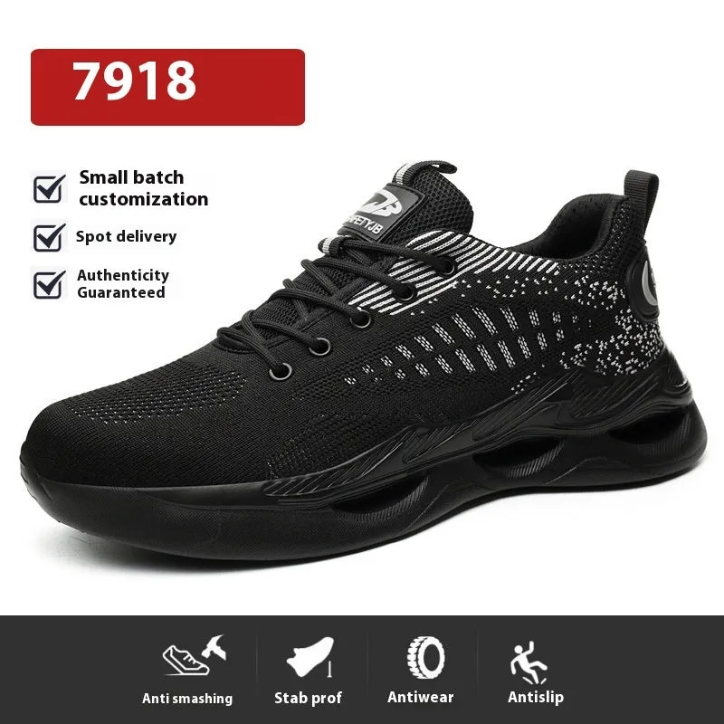 Breathable labour protection shoes with puncture resistance, Flyknit upper, rubber outsole in 7918 black colour