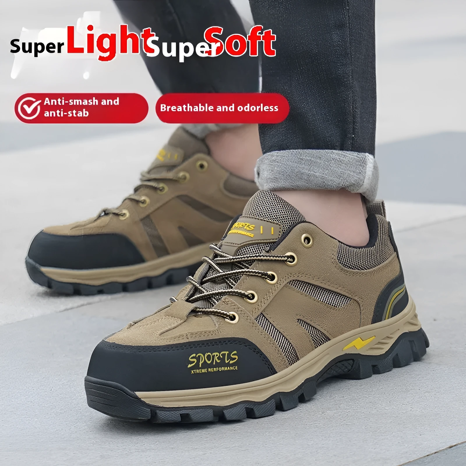 Khaki low top steel toe cap safety shoes with Flyknit upper and rubber sole on grey background