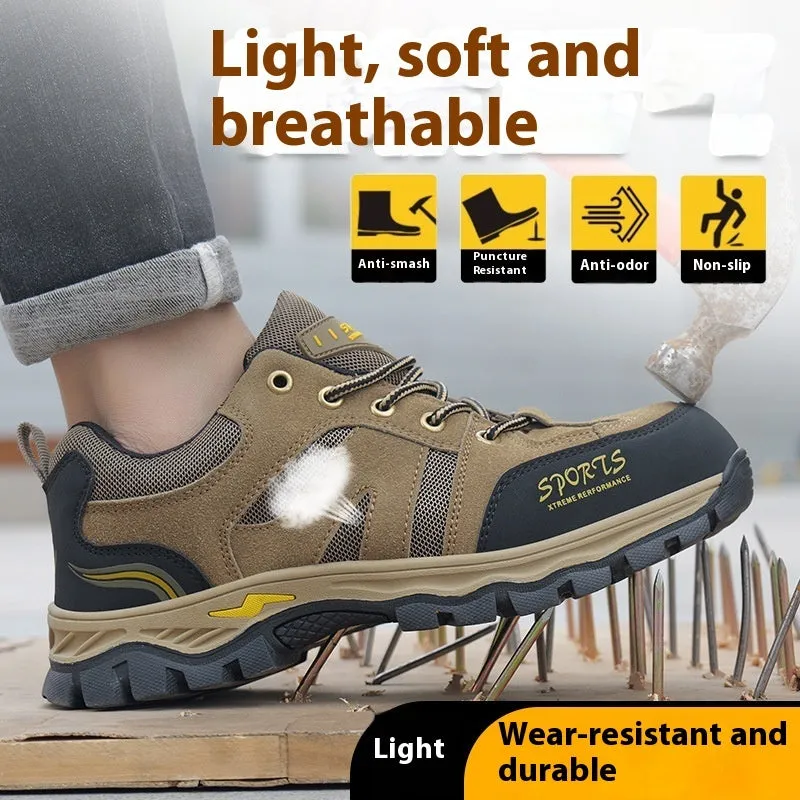 Khaki low top steel toe cap safety shoes with Flyknit upper and rubber sole on grey background