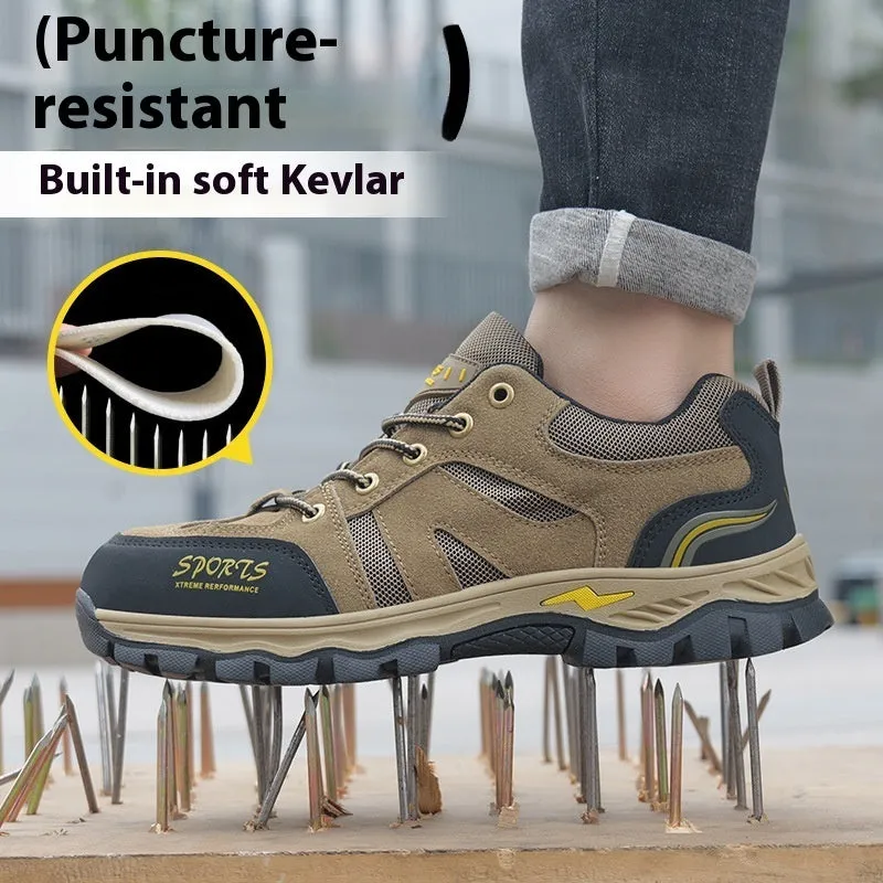 Khaki low top steel toe cap safety shoes with Flyknit upper and rubber sole on grey background
