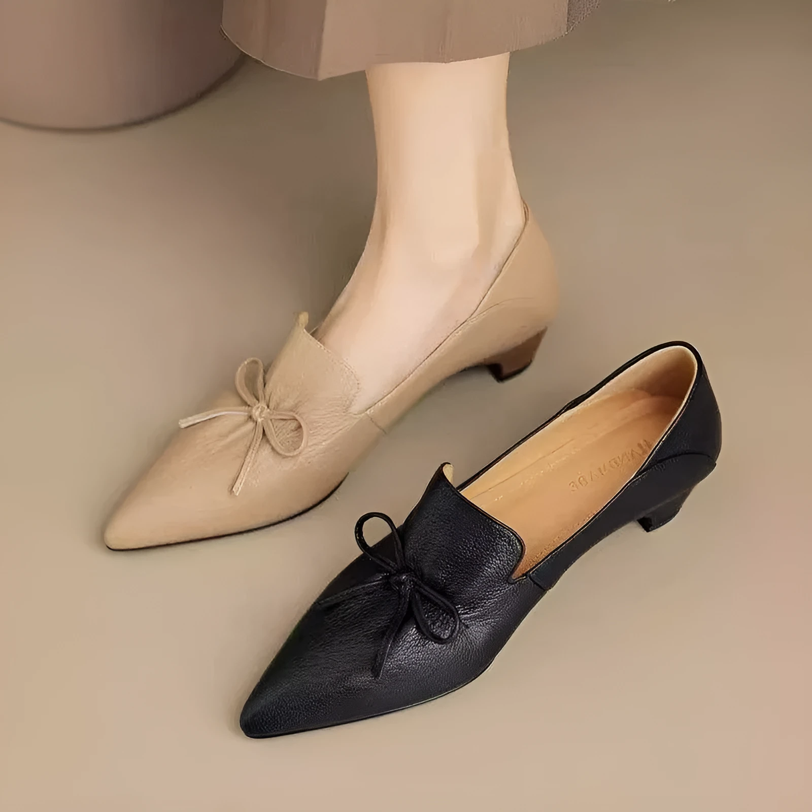 Women's low heel pointed toe shoes in black, PU upper, size 35-42, side view