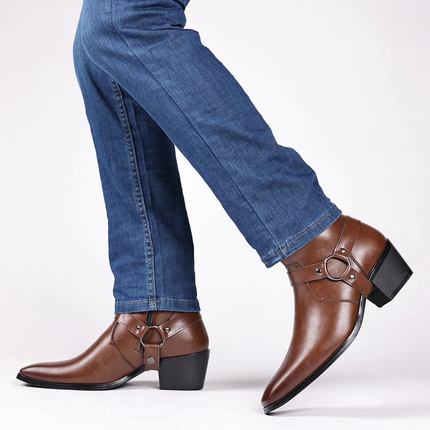 Unisex black ankle boots with side zipper, square toe, chain and rivet details on a horseshoe heel.