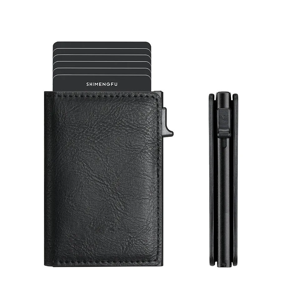 Pop-up aluminium alloy RFID blocking card wallet in retro PU leather, black colour option