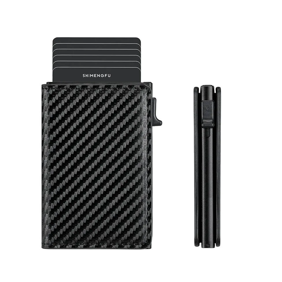 Pop-up aluminium alloy RFID blocking card wallet in retro PU leather, black colour option