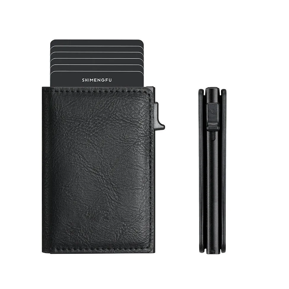 Pop-up aluminium alloy RFID blocking card wallet in retro PU leather, black colour option