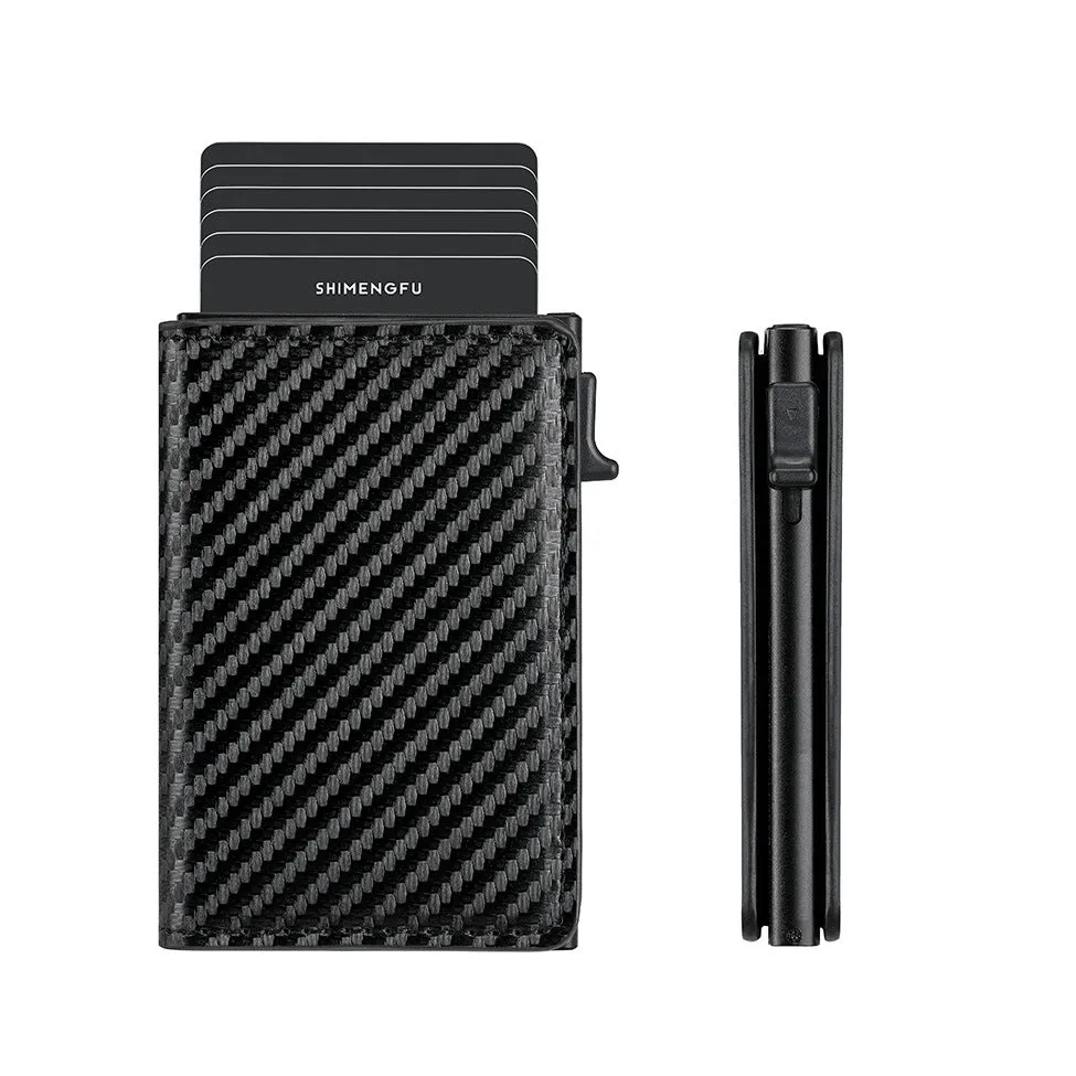 Pop-up aluminium alloy RFID blocking card wallet in retro PU leather, black colour option
