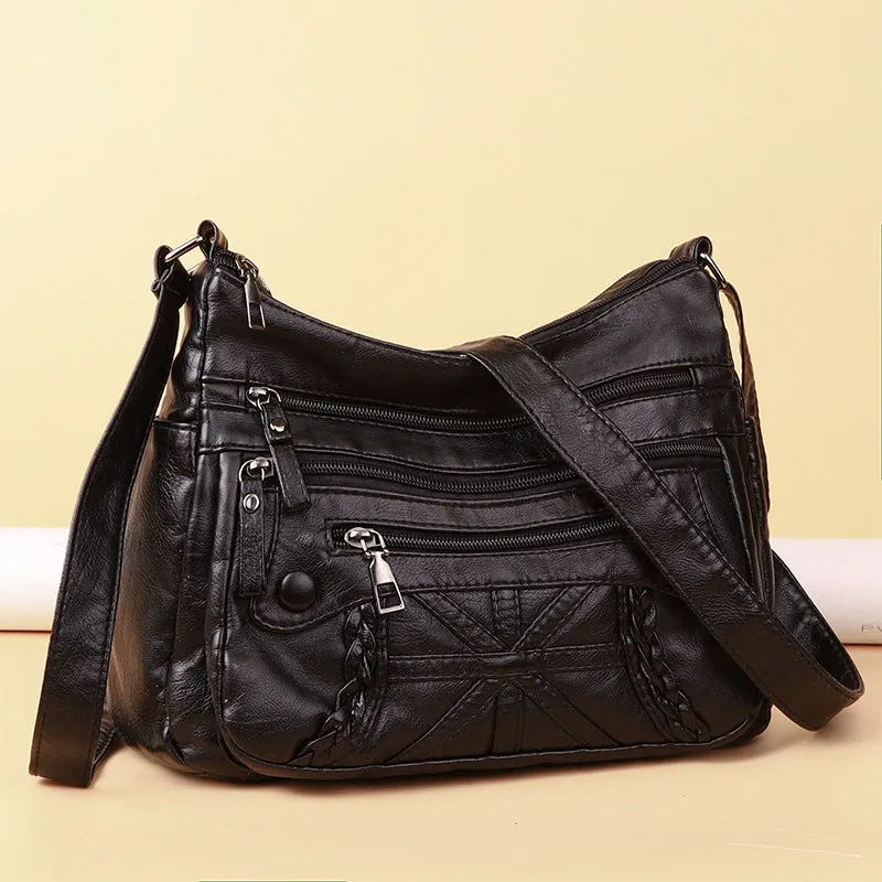 Soft PU casual messenger bag with multi-layer pockets, available in five colours