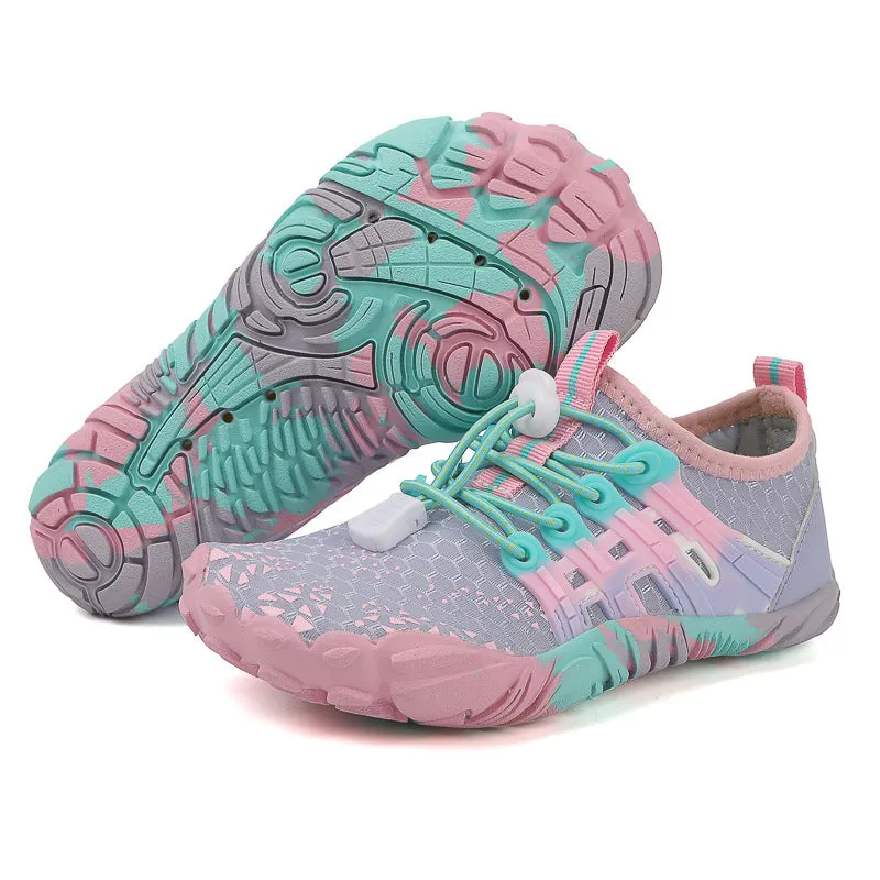 Children's quick-drying hiking wading shoes in pink with non-slip rubber sole and air layer upper