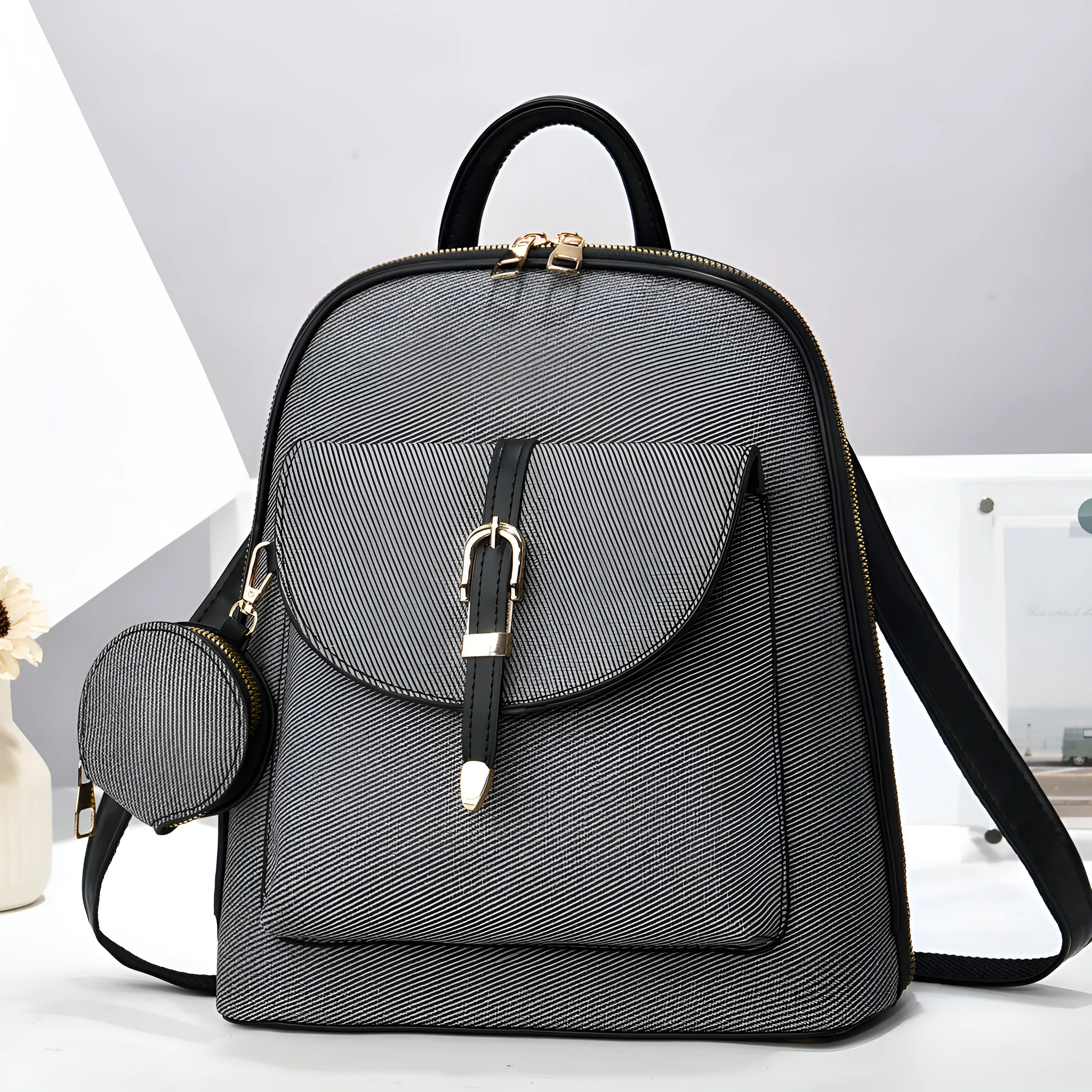 Multi-functional one-shoulder ladies travel backpack crossbody bag in PU shell shape with sandwich pocket, apricot colour, 31x28x11cm