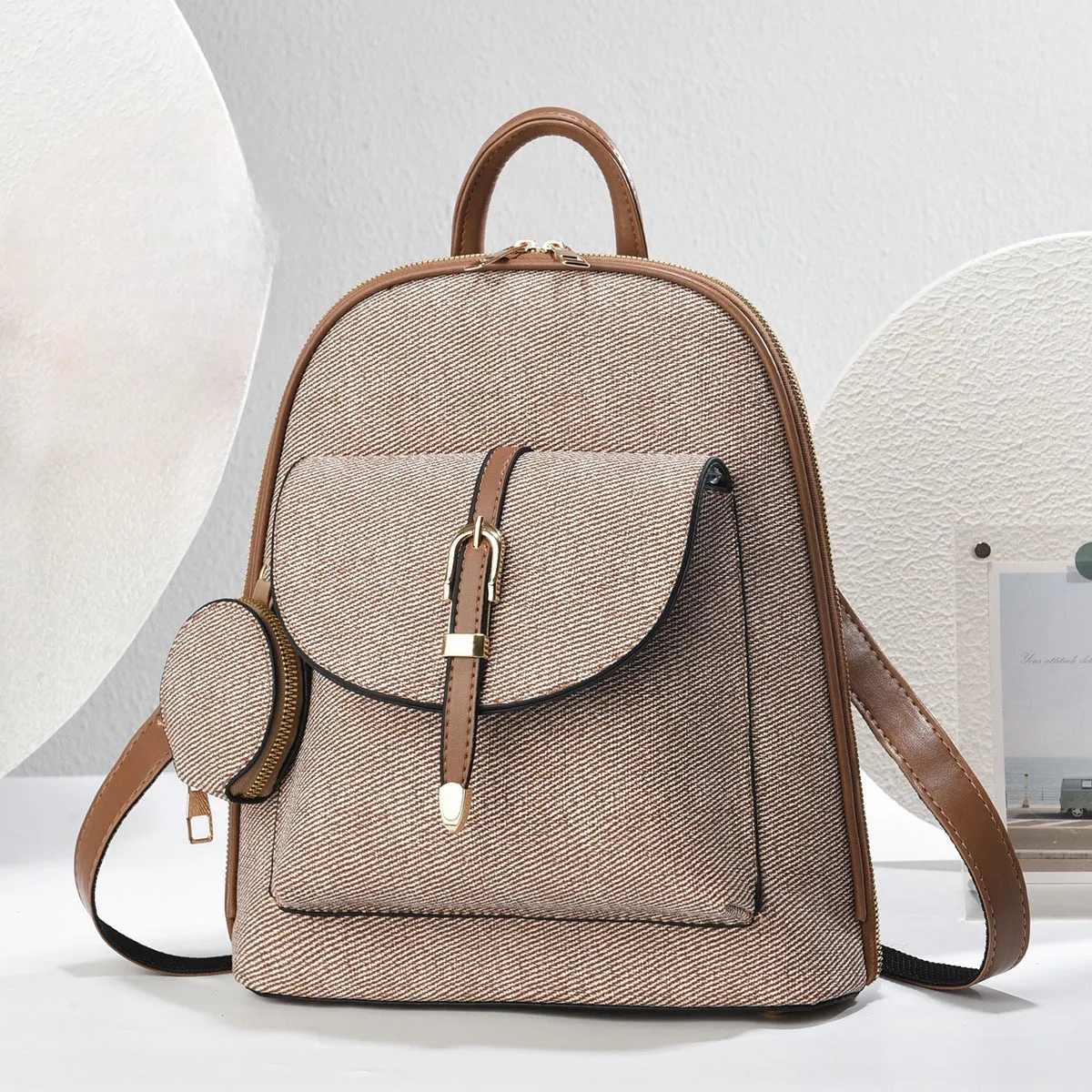 Multi-functional one-shoulder ladies travel backpack crossbody bag in PU shell shape with sandwich pocket, apricot colour, 31x28x11cm