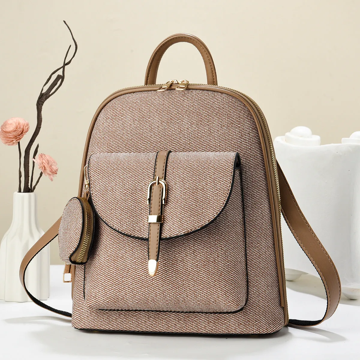 Multi-functional one-shoulder ladies travel backpack crossbody bag in PU shell shape with sandwich pocket, apricot colour, 31x28x11cm