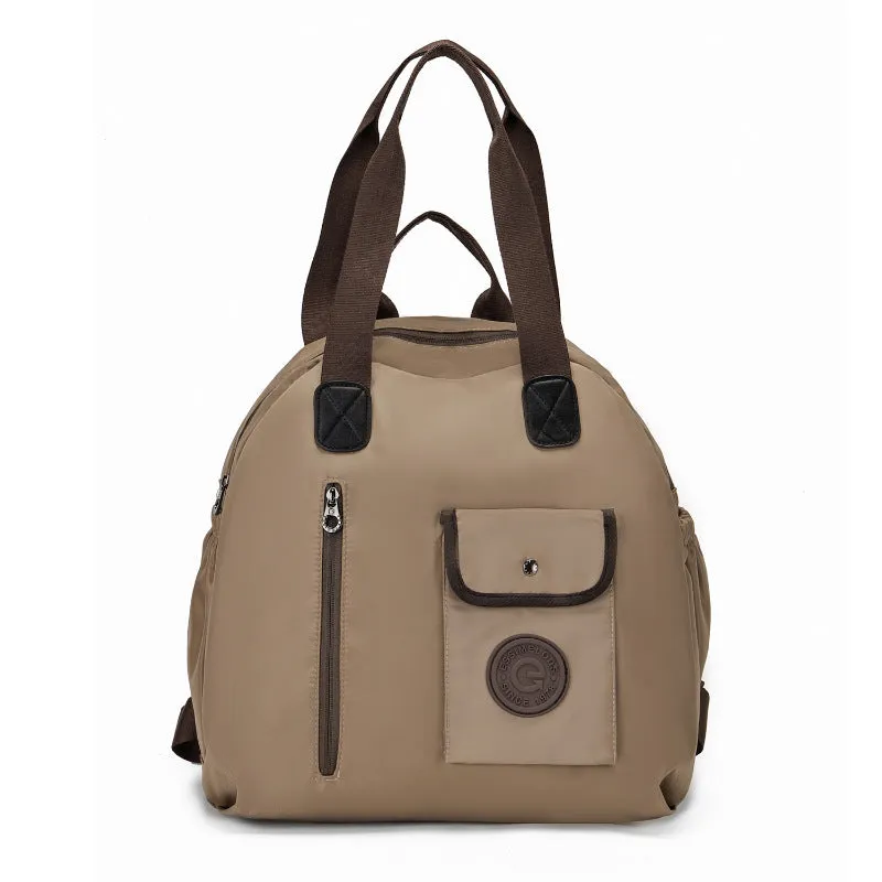Large capacity nylon backpack with sandwich pocket in black, khaki, or green colours