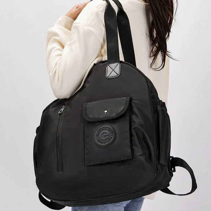 Large capacity nylon backpack with sandwich pocket in black, khaki, or green colours