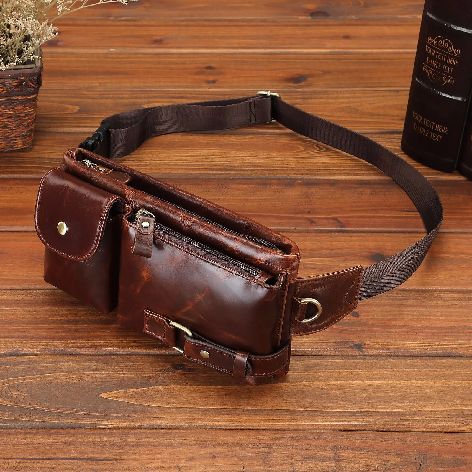 Genuine leather men's belt bag solid colour first layer cowhide wear-resistant waist pack black brown outdoor sports