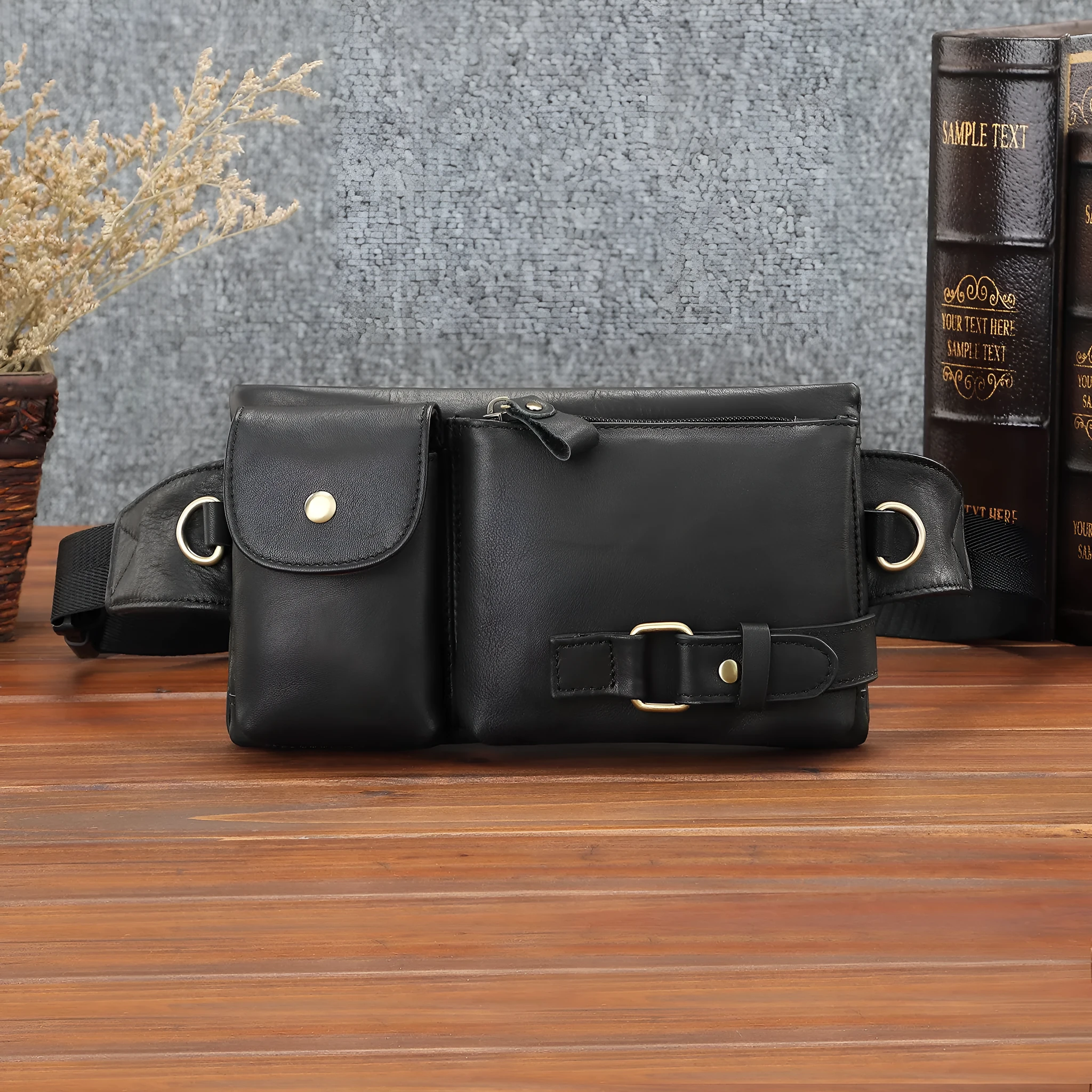 Genuine leather men's belt bag solid colour first layer cowhide wear-resistant waist pack black brown outdoor sports