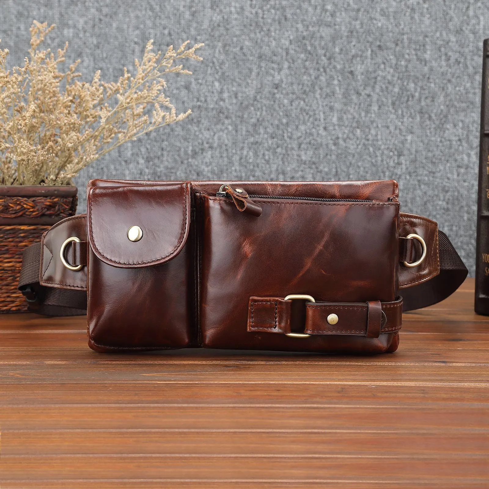 Genuine leather men's belt bag solid colour first layer cowhide wear-resistant waist pack black brown outdoor sports