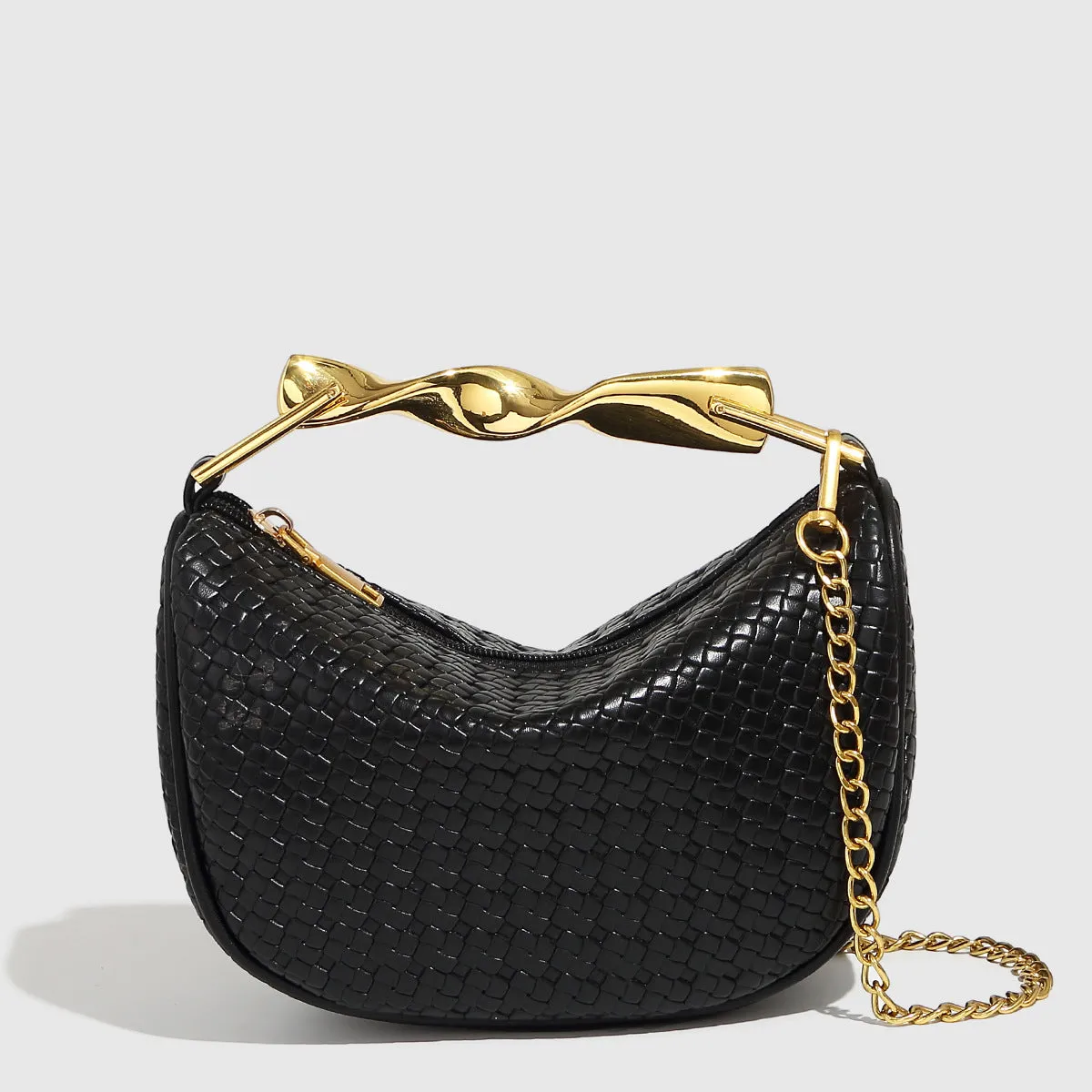 Straw woven dumpling chain crossbody bag in black PU leather with woven texture and chain shoulder strap.