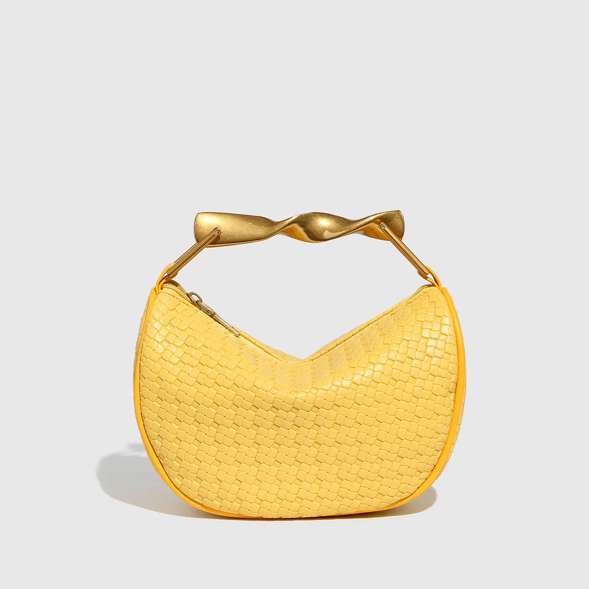 Straw woven dumpling chain crossbody bag in black PU leather with woven texture and chain shoulder strap.
