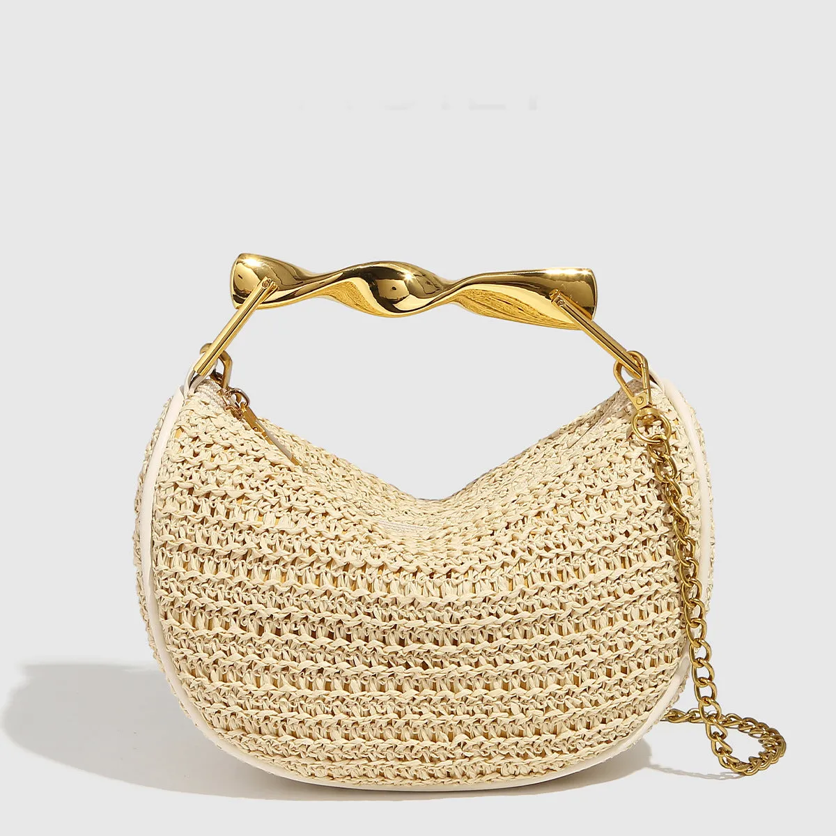 Straw woven dumpling chain crossbody bag in black PU leather with woven texture and chain shoulder strap.