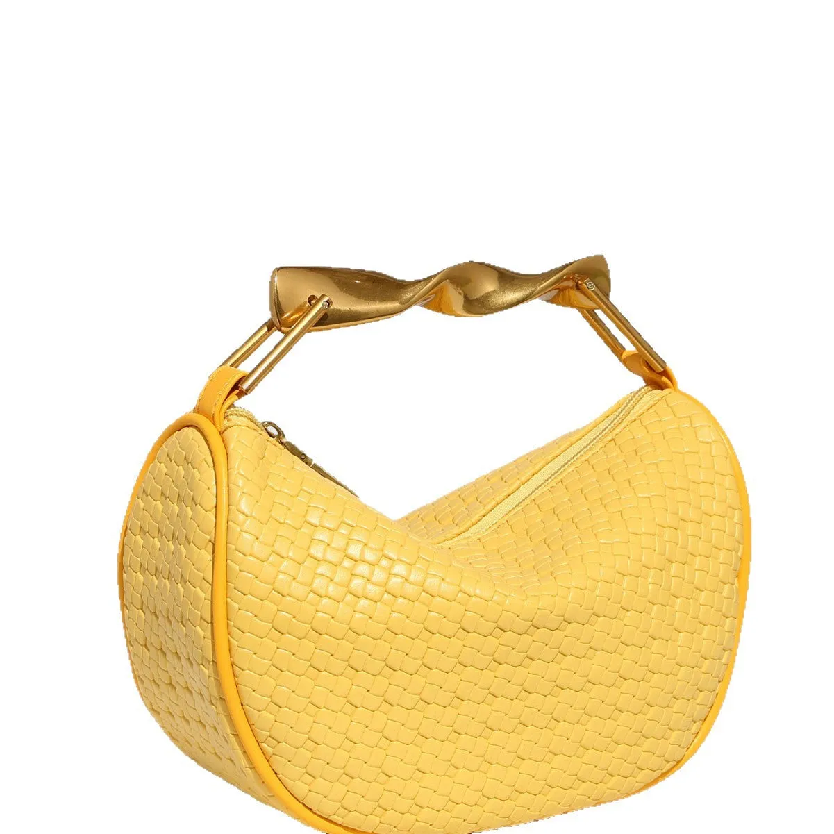 Straw woven dumpling chain crossbody bag in black PU leather with woven texture and chain shoulder strap.
