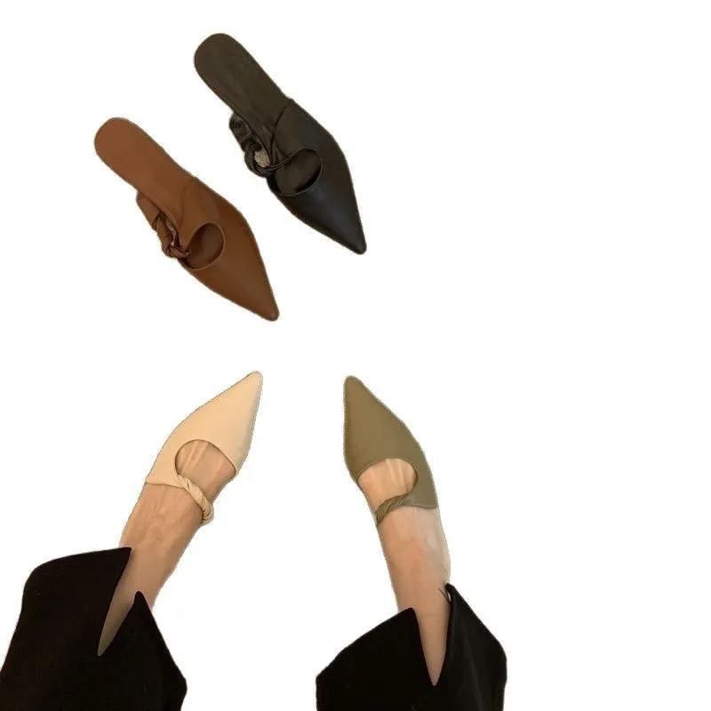 Women's soft leather slippers with a semi-toe box design in dark brown colour