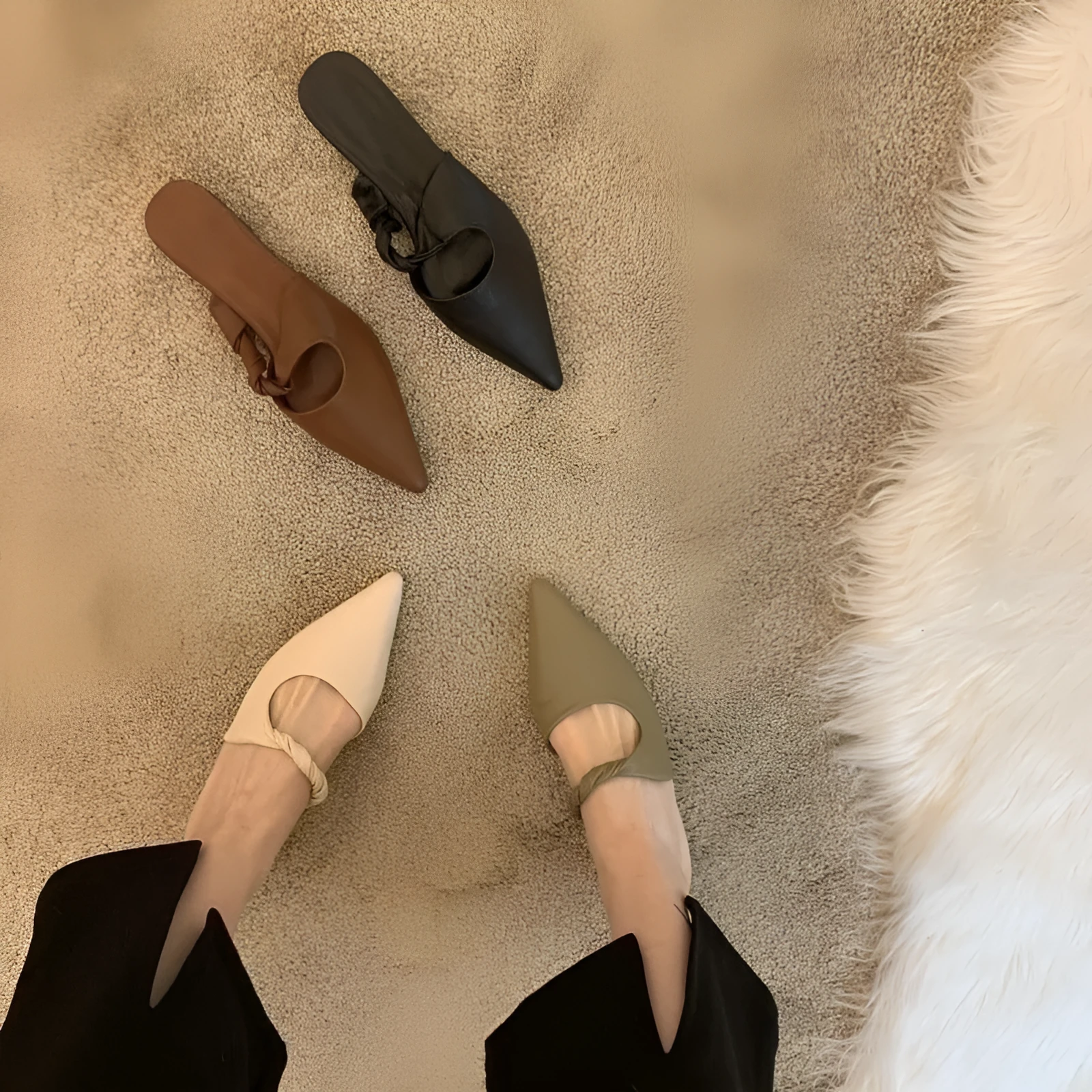 Women's soft leather slippers with a semi-toe box design in dark brown colour