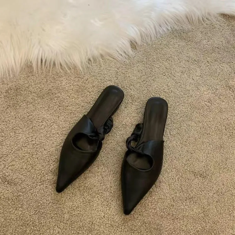Women's soft leather slippers with a semi-toe box design in dark brown colour