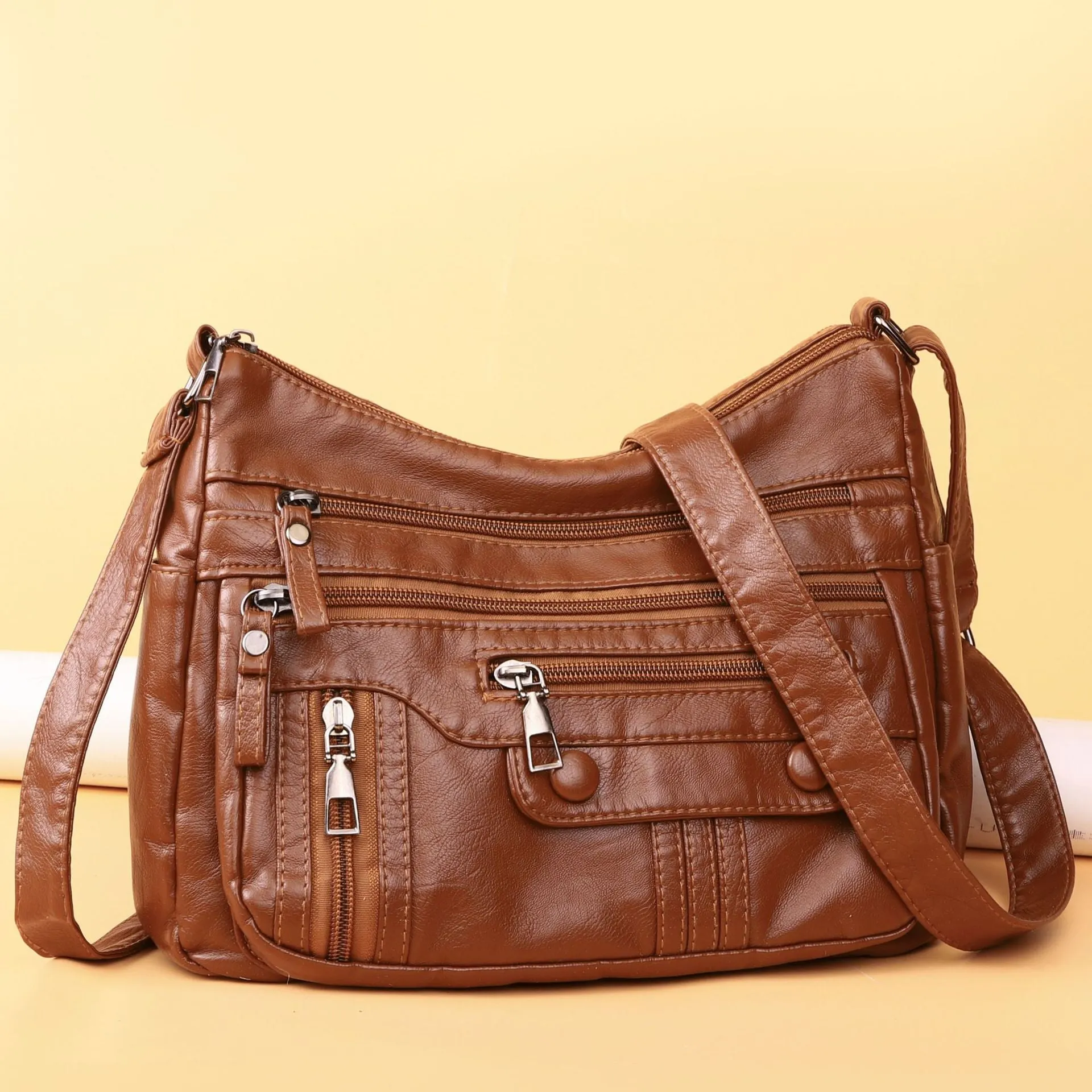 Soft PU leather shoulder bag for women in 8022 Black, with zippered compartments and cross-body strap