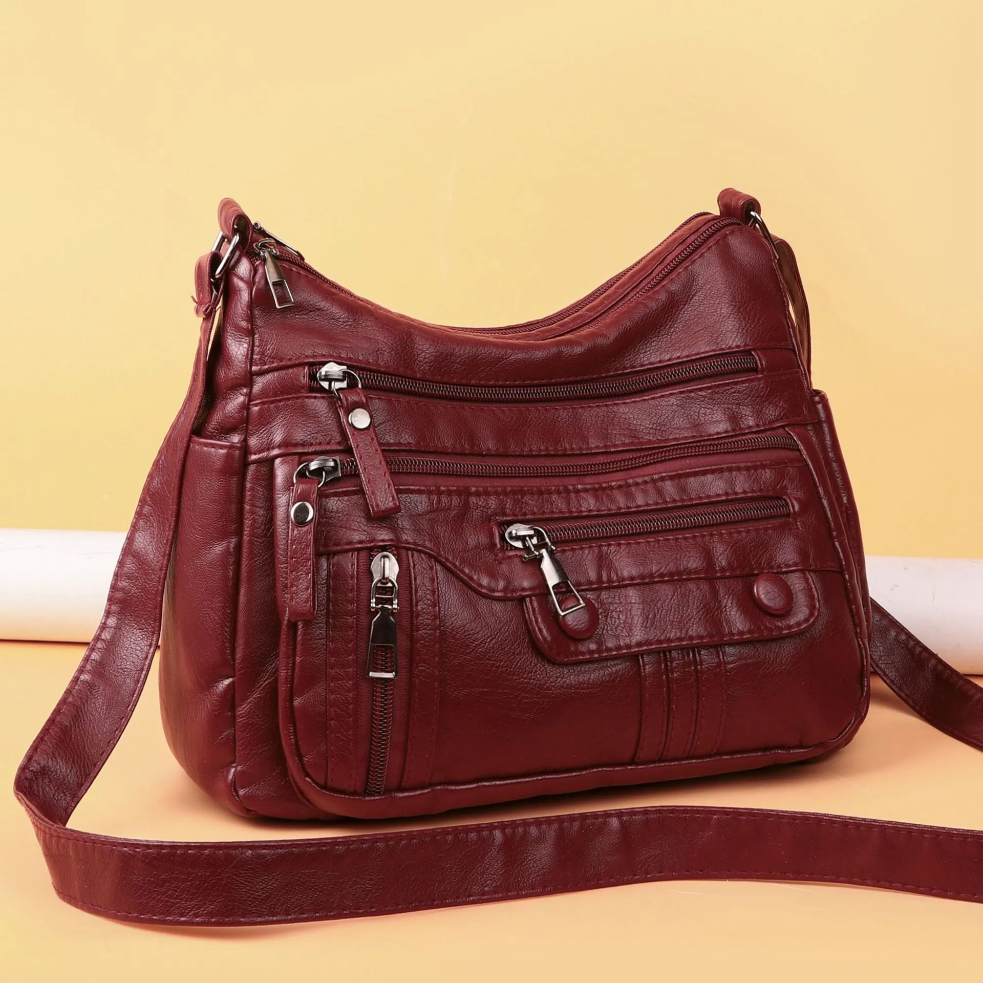 Soft PU leather shoulder bag for women in 8022 Black, with zippered compartments and cross-body strap