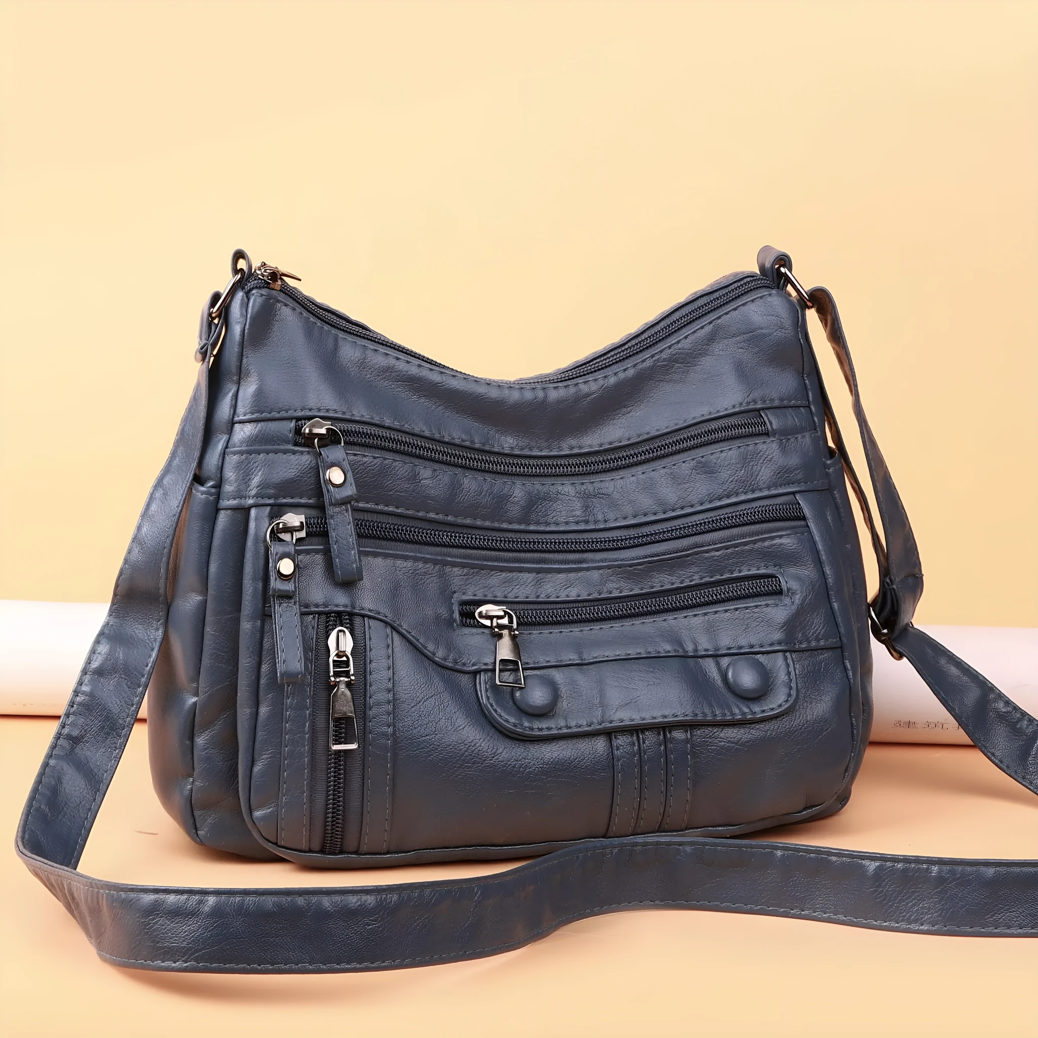 Soft PU leather shoulder bag for women in 8022 Black, with zippered compartments and cross-body strap